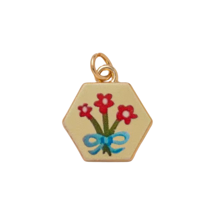 hexagon red daisies charm