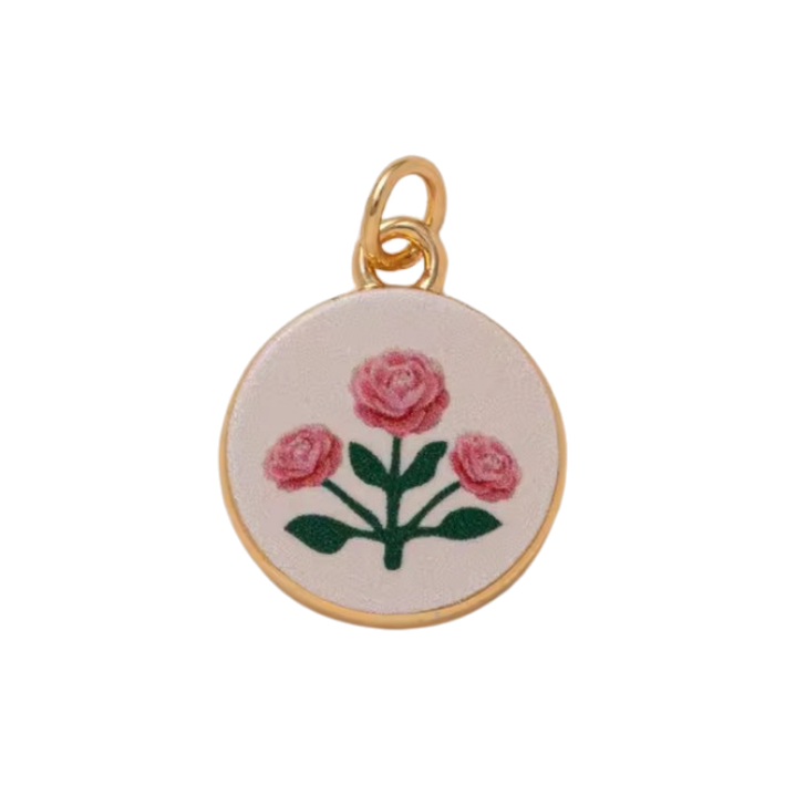 pink rose in circle charm